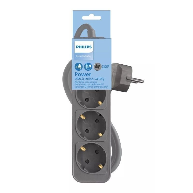 Regleta con Interruptor Philips CHP2134G/10/ 3 Tomas de corriente/ Cable 1.5m/ Gris