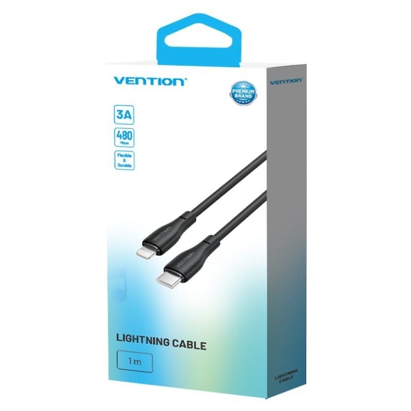 Cable USB Tipo-C Lightning Vention H28BF/ USB Tipo-C Macho - Lightning Macho/ 27W/ 480Mbps/ 1m/ Negro