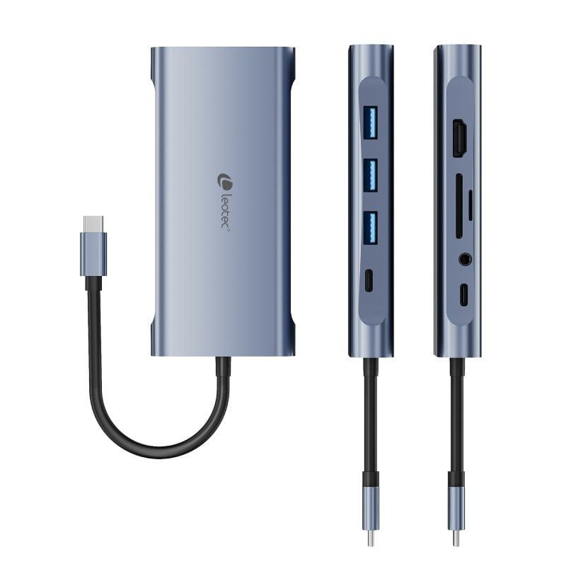 Docking USB Tipo-C Leotec LEDS01/ 3xUSB/ 2xUSB Tipo-C/ 1xUSB Tipo-C PD/ 1xHDMI 4K/ 1xVGA/ 1xRJ45/ 1xAudio/ 1xLector Tarjetas SD y MicroSD/ Gris