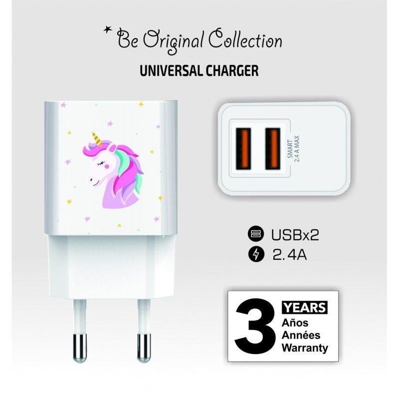 Cargador de Pared Tech One Tech Unicornio Dream/ 2xUSB/ 12W/ Blanco