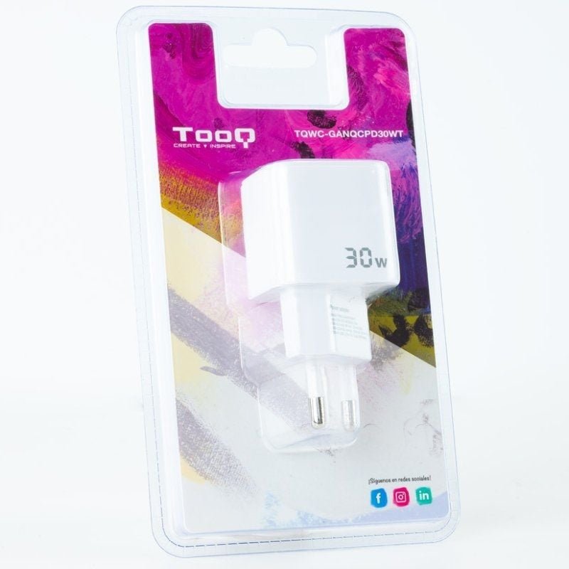 Cargador de Pared GaN TooQ TQWC-GANQCPD30WT/ 1xUSB Tipo-C/ 1xUSB/ 30W