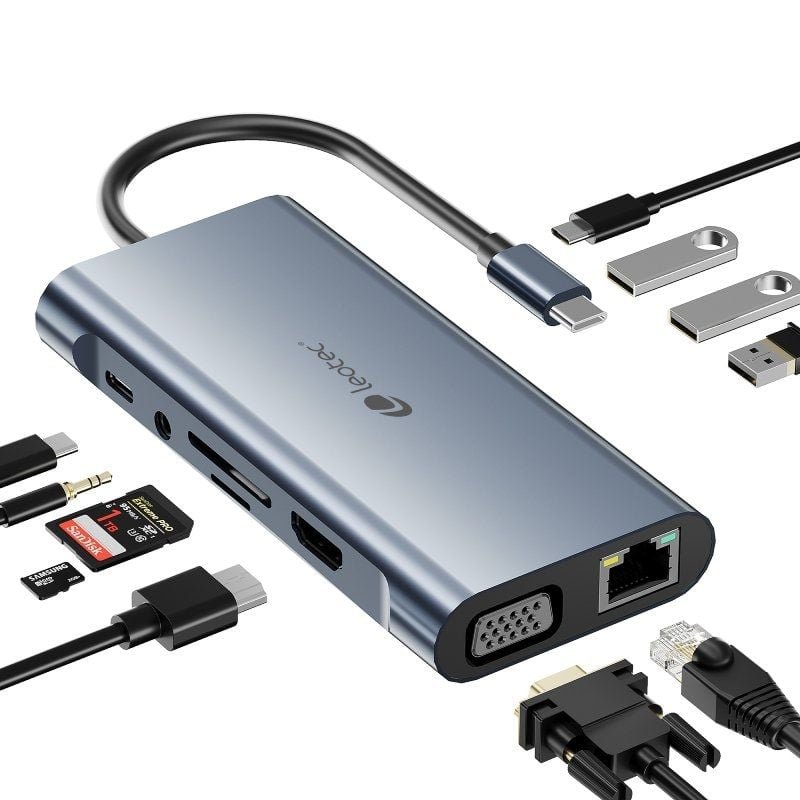 Docking USB Tipo-C Leotec LEDS01/ 3xUSB/ 2xUSB Tipo-C/ 1xUSB Tipo-C PD/ 1xHDMI 4K/ 1xVGA/ 1xRJ45/ 1xAudio/ 1xLector Tarjetas SD y MicroSD/ Gris