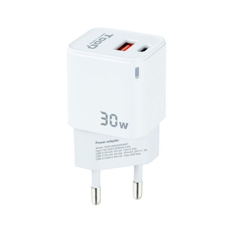 Cargador de Pared GaN TooQ TQWC-GANQCPD30WT/ 1xUSB Tipo-C/ 1xUSB/ 30W