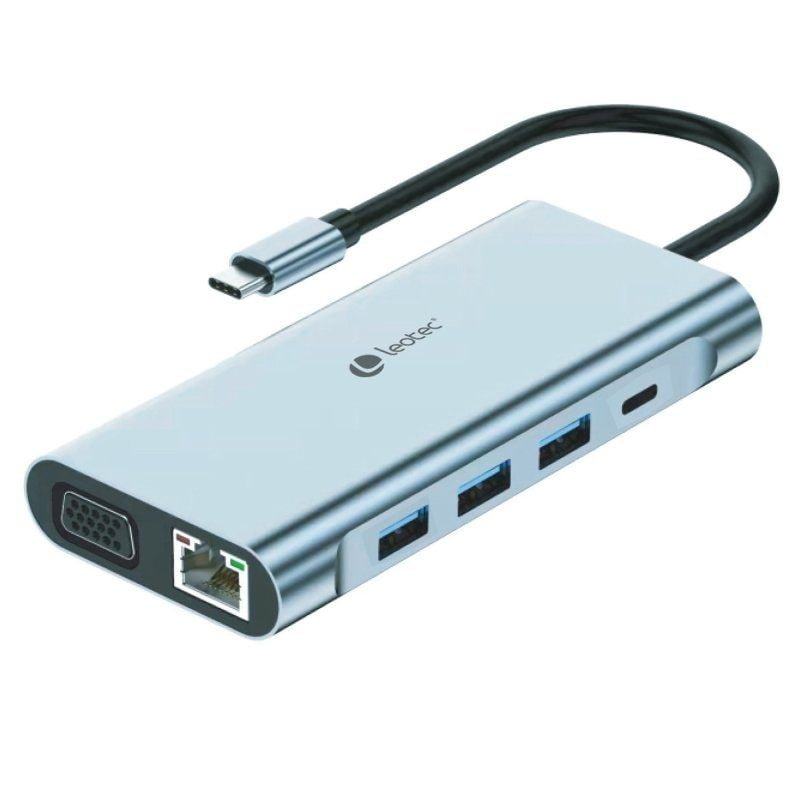 Docking USB Tipo-C Leotec LEDS01/ 3xUSB/ 2xUSB Tipo-C/ 1xUSB Tipo-C PD/ 1xHDMI 4K/ 1xVGA/ 1xRJ45/ 1xAudio/ 1xLector Tarjetas SD y MicroSD/ Gris