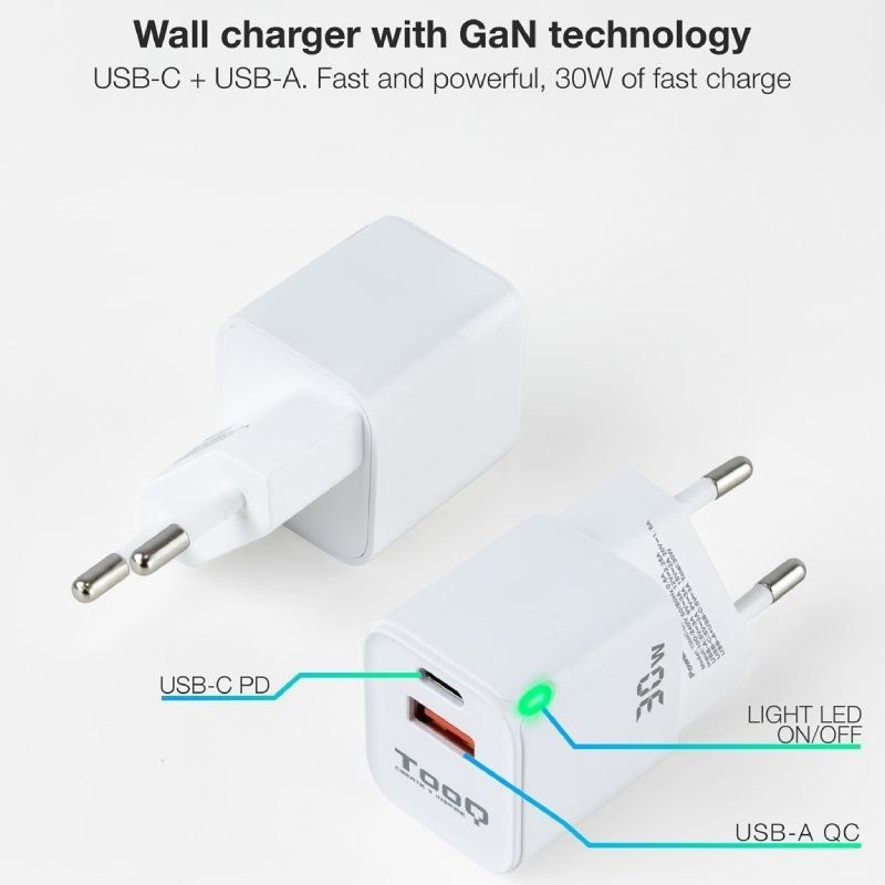 Cargador de Pared GaN TooQ TQWC-GANQCPD30WT/ 1xUSB Tipo-C/ 1xUSB/ 30W