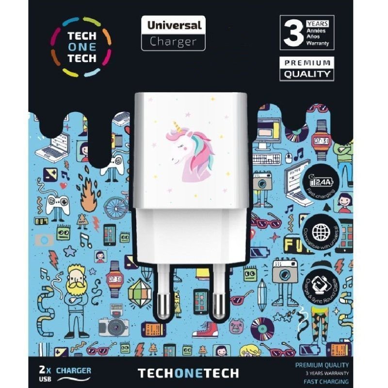 Cargador de Pared Tech One Tech Unicornio Dream/ 2xUSB/ 12W/ Blanco