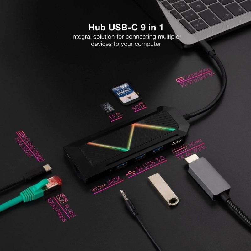 Docking USB Tipo-C Nanocable 10.16.0901/ 3xUSB/ 1xUSB Tipo-C PD/ 1xHDMI/ 1xRJ45/ 1xLector Tarjetas SD TF/ Audio