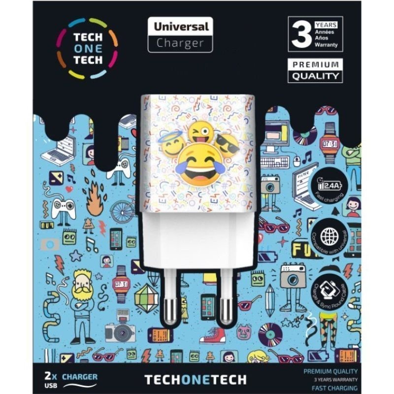 Cargador de Pared Tech One Tech Emojitech Smile TEC2502/ 2xUSB/ 12W/ Blanco