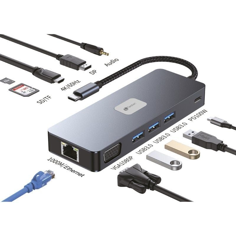 Docking USB Tipo-C Leotec LEDS03/ 3xUSB/ 1xUSB Tipo-C PD/ 1xHDMI 4K/ 1 xDisplayPort/ 1xVGA/ 1xAudio/ 1xRJ45/ 1xLector Tarjetas SD y MicroSD/ Gris